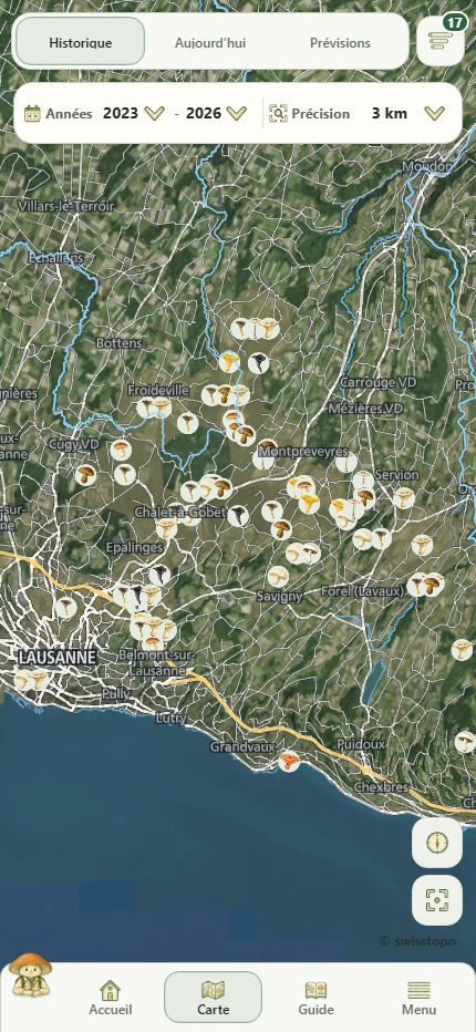 Historique des observations affiché dans MycoRadar